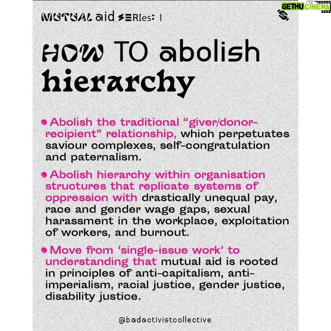 Emma Watson Instagram - #Repost from one of our favorite accounts @badactivistcollective ❤️🔥❤️🔥❤️🔥 "Mutual Aid is working to abolish hierarchy and hierarchical forms of power. When we say ‘solidarity not charity’ we are actively working to deconstruct hierarchical relationships of charity that allows creates ‘givers and donors’ and ‘recipients or underprivileged’ , making rich people and corporations look generous while upholding and legitimizing the systems that allow wealth hoarding. Instead mutual aid is deeply rooted in anti-capitalism, anti-imperialism, racial justice, gender justice and disability justice principles as aims to be disruptive in addressing the root causes of issues. We can only envision and work towards a new future by practicing what it wants to see, now. ✏️Researched and written by @tammy__online 🎨Designed by @tomaolivar “
