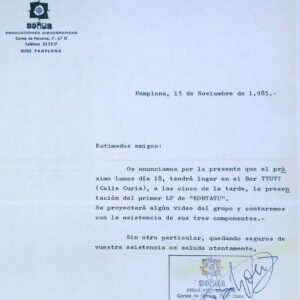 Fermin Muguruza Instagram - 15 de noviembre 1985... invitación a la presentación del primer disco de KORTATU. Hace 38 años. Mañana lo celebraremos en MANACOR (donde actuamos con KORTATU en el 86), presentando el documental "BIDASOA 2018-2023".
@bidasoa_2018_2023 
.
-Duela 38 urte... KORTATU diskoaren aurkezpenerako gutuna.
Bihar ospatuko dugu MANACORen (non KORTATUrekin jo genuen 1986an), "BIDASOA 2018-2023" dokumentala aurkezten.
@bidasoa_2018_2023 .
.
15 de novembre 1985... invitació a la presentació del primer disc de KORTATU. Fa 38 anys. Demà ho celebrarem a MANACOR (on vam actuar amb KORTATU al 86), presentant el documental "BIDASOA 2018-2023".
@bidasoa_2018_2023 
#bidasoa20182023