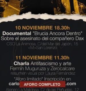 Fermin Muguruza Instagram - BIDASOA y Madrid antifa:
"BIDASOA 2018-2023" 
@bidasoa_2018_2023 
4. astea zinemetan. Donostian jarraitzen dugu eta kasu! Iruñean @golem_pamplona eta Lizarran sartzen gara!
4 semana en cines de "BIDASOA 2018-2023". Continuamos en Donostia, y atención, entramos en Iruñea-Pamplona @golem_pamplona por una semana y en Lizarra.
.
MADRID! Mañana sábado nos vemos en la charla con ZEROCALCARE @zerocalcare en el Ateneo La Maliciosa @ateneomaliciosa y a la tarde en la manifa en recuerdo de Carlos Palomino.
Este sábado, una vez más, el Madrid antifascista sale a la calle para recordarte: ¡CARLOS VIVE!

📷 @ikorkotx 
#bidasoa20182023 
#carlospalomino
