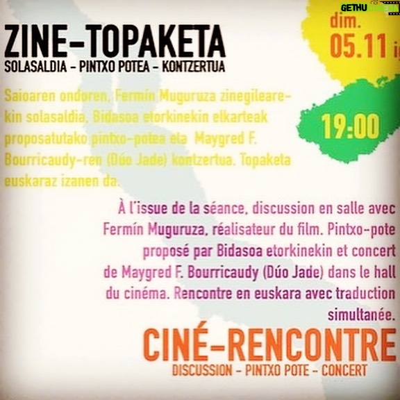 Fermin Muguruza Instagram - Gaur igandea Hendaian / aujourd’hui dimanche à Hendaye - Cinéma Les Variétés, @les_varietes_hendaye eta asteartean Iruñean @golem_pamplona izanen naiz “BIDASOA 2018-2023" @bidasoa_2018_2023 aurkezten. . BIDASOA 2018-2023 ikusgai asteburuan/proyecciones del fin de semana/projections du week-end: Azaroak 4 noviembre Viana, Las Cañas 16:00 Donostia, Principe 21:30 . Azaroak 5 noviembre/novembre Igandea/domingo/dimanche: Errenteria, Niessen 16:10 Viana, Las Cañas 16:00 Usurbil, sutegiko auditorioa 18:00 Hendaia, Les Varietes 19:00 Astigarraga, Erribera kultur aretoa 19:00 Donostia, Principe 19:30 Azkoitia, Baztartxo 19:30 (argazkia @ikorkotx ) Puente Internacional Irun-Hendaye