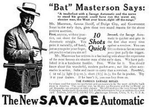 Frank Stallone Jr. Instagram - Even the great lawman Bat Masterson was doing ads in 1907, for the new Savage automatic pistol he lived in New York City and was a newspaper sports writer. So from Dodge City to Gotham city. What would he think of New York now? #batmasterson #savagefitearms #savageguns #dodgecity #newyorkcity