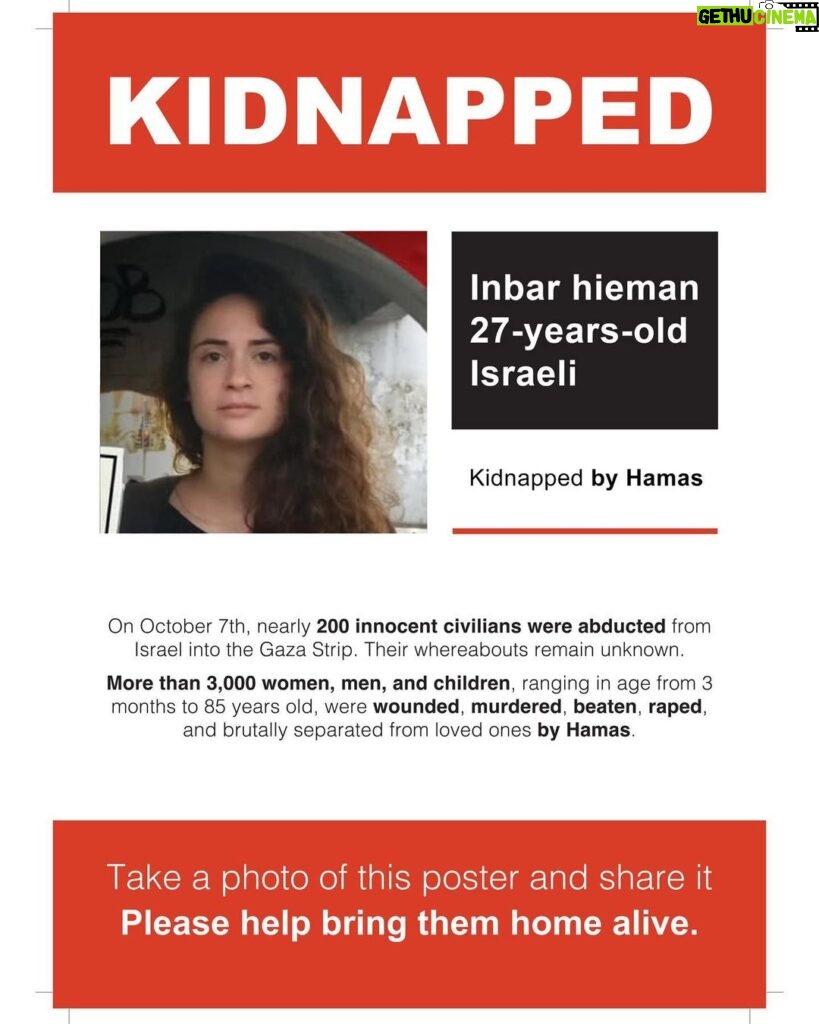 Gal Gadot Instagram - at this moment there hundreds of kidnapped or missing innocent Israelis. I am using my platform to share their names. their faces, their information. please share their photos, share the stories. And help us scream to the world, Hamas #BringThemBack! if you have any information or if your loved one is missing please head to the link on my story to contact us — — ‏Thank you @dedebandaid @nitzanmintz @talhuber