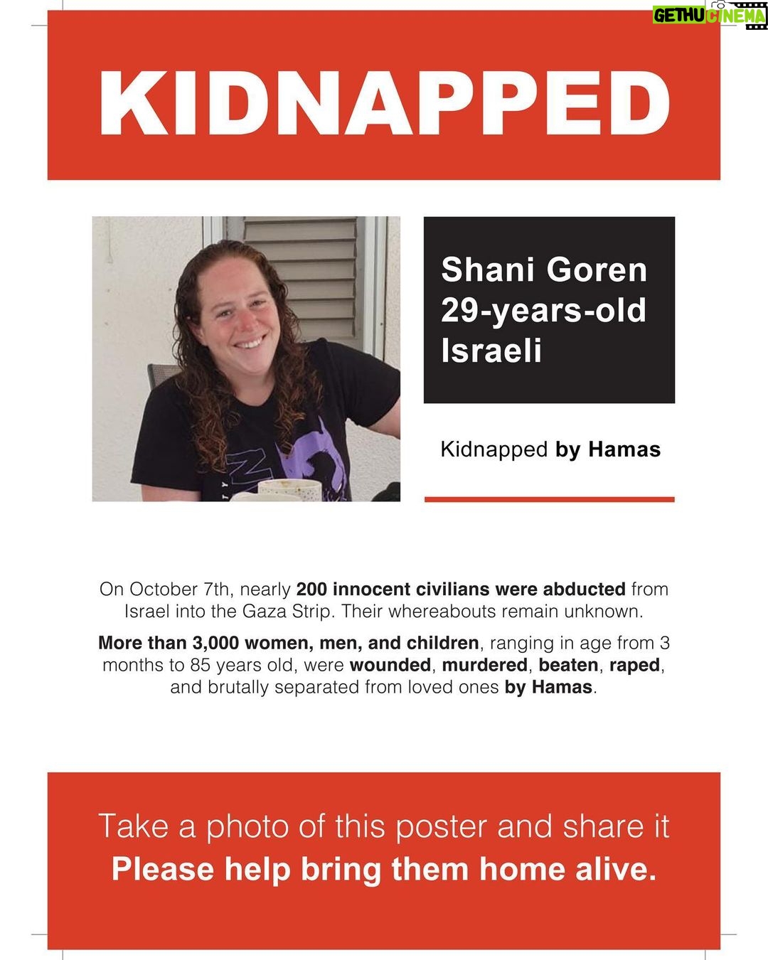 Gal Gadot Instagram - at this moment there hundreds of kidnapped or missing innocent Israelis. I am using my platform to share their names. their faces, their information. please share their photos, share the stories. And help us scream to the world, Hamas #BringThemBack! if you have any information or if your loved one is missing please head to the link on my story to contact us — — Thank you @dedebandaid @nitzanmintz @talhuber