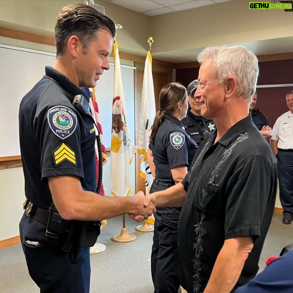Gary Sinise Instagram - Made a special trip today to visit the Police, Fire and Dispatcher Departments in my hometown of Highland Park, Illinois. Was honored to support the PD with our @garysinisefoundation Serving Heroes program. My heart goes out to all the brave first responders serving there and to all the victims and families effected by the terrible shooting on July 4th.