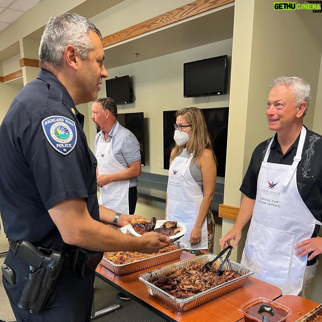 Gary Sinise - 7.9K Likes - Made a special trip today to visit the Police, Fire and Dispatcher Departments in my hometown of Highland Park, Illinois. Was honored to support the PD with our @garysinisefoundation Serving Heroes program. My heart goes out to all the brave first responders serving there and to all the victims and families effected by the terrible shooting on July 4th.