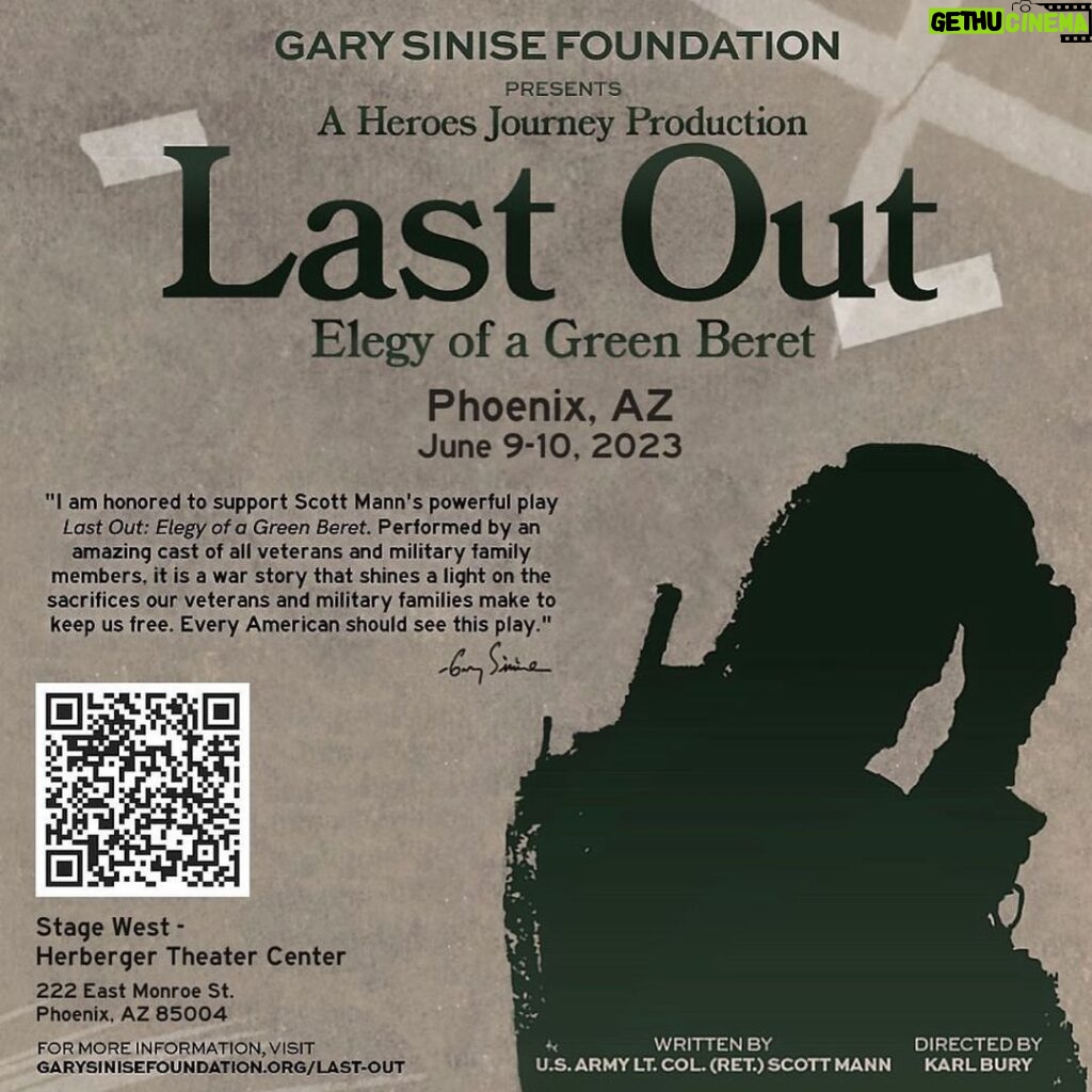 Gary Sinise Instagram - Hey friends, if you’re in the Phoenix area, come check out our @garysinisefoundation presentation of @lastoutplay this Friday and Saturday. You won’t want to miss this! Tickets are free for all our defenders and the families of our fallen heroes.