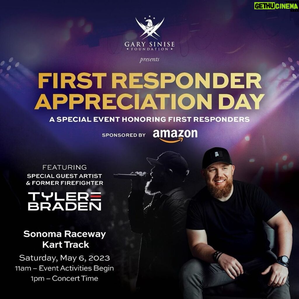 Gary Sinise Instagram - Hey Folks, If you are in the Sonoma, CA area, come join my team, Gary Sinise Foundation, and our friends at Amazon.com on Saturday, May 6th, as we show love and support for our Sonoma County first responders! Our First Responders put their lives on the line every day to keep our communities safe. We can never thank them enough for their service. We will be celebrating these brave men and women with a full day of family-friendly activities, free food, and a performance from former firefighter and country star Tyler Braden. Please share with your friends and family🙏🏼