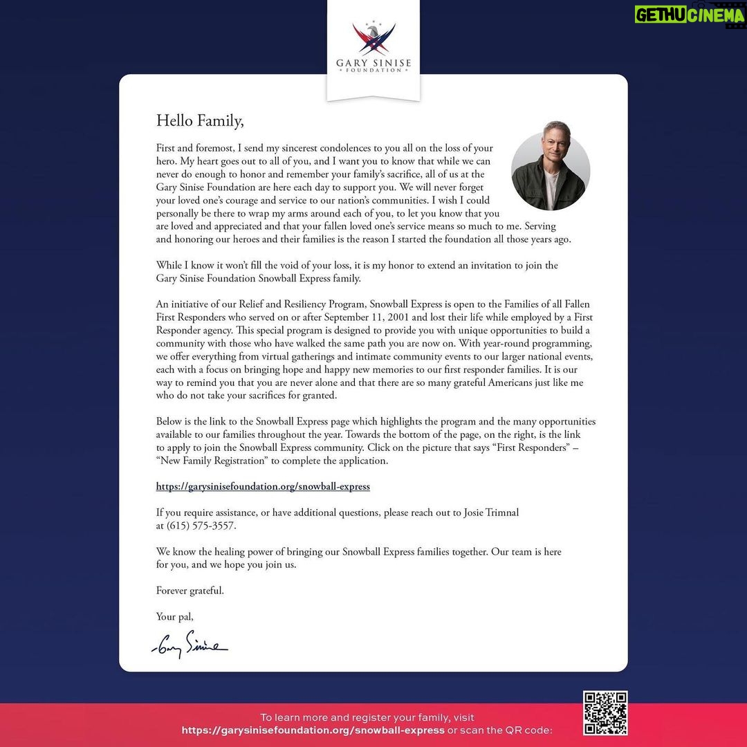 Gary Sinise Instagram - Dear devoted supporters and Friends of Gary Sinise Foundation! Thanks to so many of you who support us in our mission to serve our defenders. It is always heartening to see how your support manifests into real positive healing and joy for those we serve. I’m sending a reminder that we’ve expanded our support to the Families of Fallen First Responders and we ask you to join us in spreading the word if there are families in need within your own communities. Help us remind them we do not forget their sacrifices! Please share the link in my bio with the families of fallen first responders so they can register for support🙏🏼