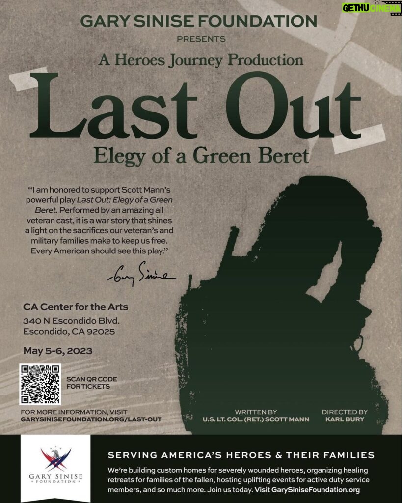 Gary Sinise Instagram - Hey Folks, We’re one week out from Last Out: Elegy of a Green Beret performed Friday, May 5th & Saturday May 6th at the CA Center for the Arts in Escondido, CA. Get you tickets before they sell out! I hope to see you there! Link to tickets in my bio. 🙏🏼🇺🇸