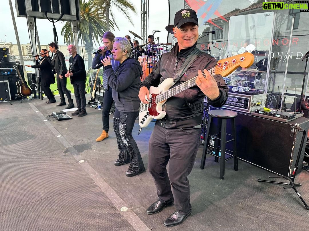 Gary Sinise - 4.5K Likes - Played for the Coast Guard at Base Los Angeles/Long Beach in San Pedro yesterday. Was a bit rainy and sending a big shout out and thank you to all the Coasties and families who came out to see us. And a few extra bonuses with the big ships cruising by as we played.