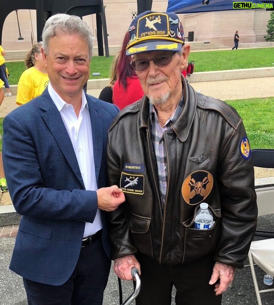 Gary Sinise Instagram - On February 10, our friend, WWII veteran Teddy Kirkpatrick passed away at the age of 99. Teddy and I became pals when we first met years ago at the National Memorial Day parade in DC (pictured here). We were talking and I noticed he was wearing a jacket that said 8th Air Force 379th Bomb Group. My Uncle Jack served in the same B 17 bomb group and turns out they knew each other and had flown together. Teddy was the last surviving member of the 379th. A remarkable man who lived a very full life. An honor to know you Teddy. Thank you for serving our country saving the world from tyranny all those years ago. You will be missed. God bless you my friend. Rest in Peace. #salute