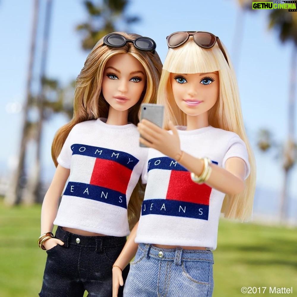 Gigi Hadid Instagram - ‘tis the season !! Throwback to my @barbie 🥹💕💕 & Barbie herself wearing #tommyxgigi, we had fun @tommyhilfiger ! Can’t wait to make it to the movies this week!!!