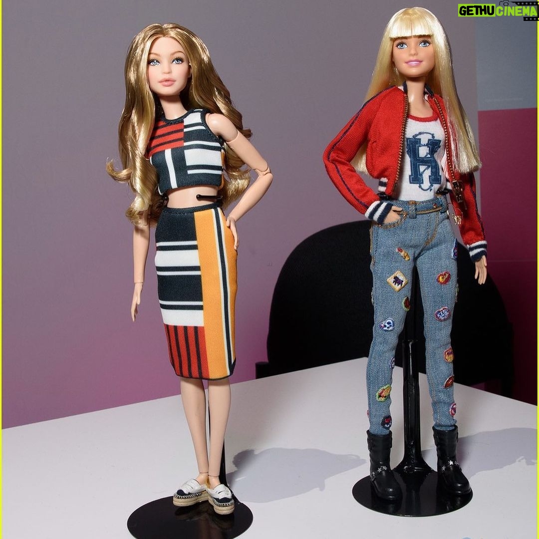 Gigi Hadid Instagram - ‘tis the season !! Throwback to my @barbie 🥹💕💕 & Barbie herself wearing #tommyxgigi, we had fun @tommyhilfiger ! Can’t wait to make it to the movies this week!!!