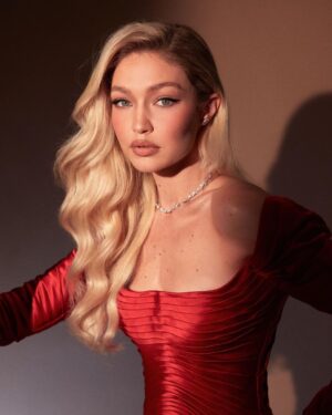 Gigi Hadid Instagram - Proud to wear custom by independent @zacposen for @vanityfair’s Oscar party,  by @gregswalesart @patrickta @laurapolko @mimicuttrell ❤️‍🔥🍸