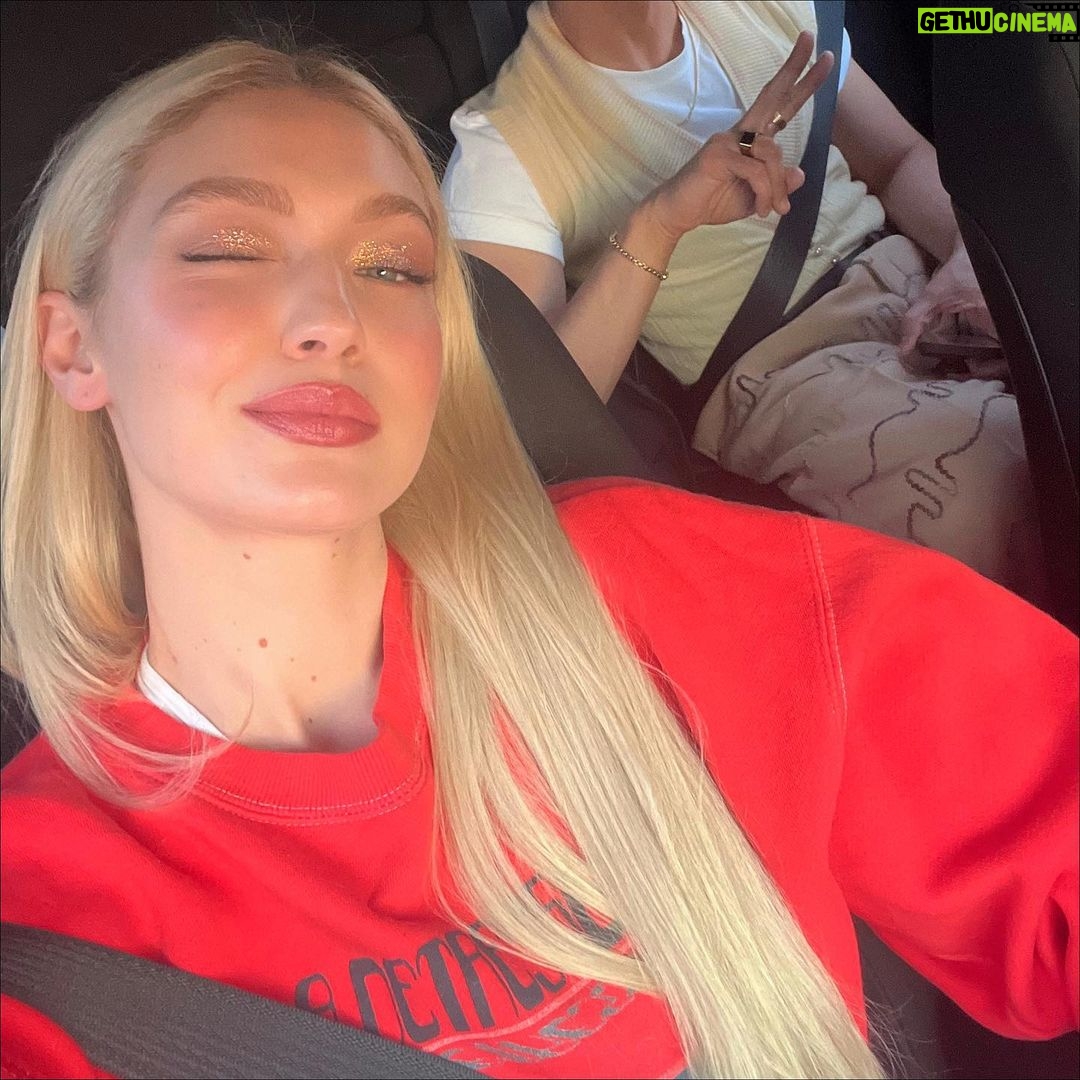Gigi Hadid Instagram - This was after a 14+ hr workday* and the @maybelline #SuperStayVinylInk (in ‘dainty’) is still poppin 🌅 … *said work day and pic ft @tanfrance but I just know which photos he would not approve of. We were tired😅❤️🔥