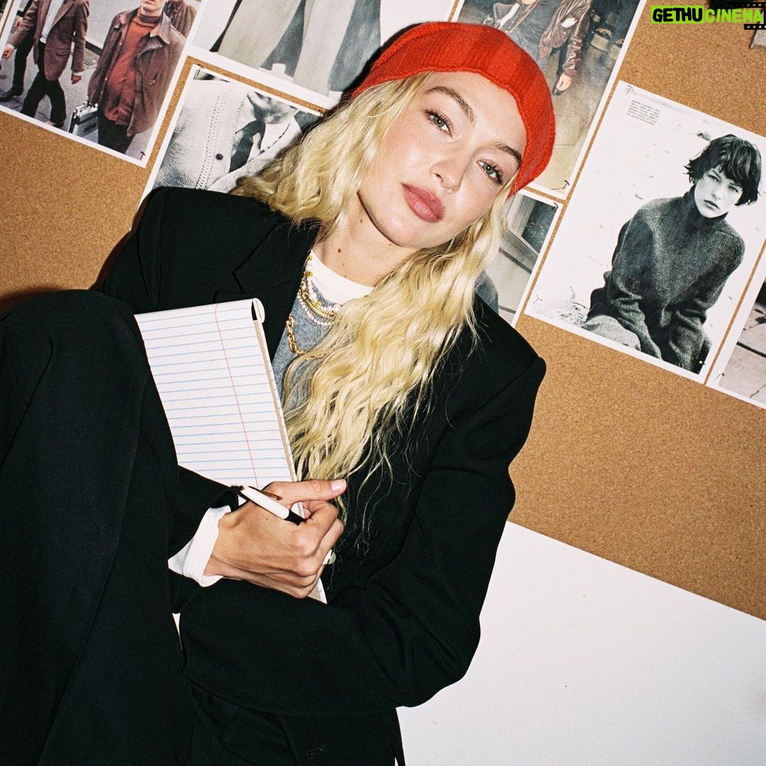 Gigi Hadid Instagram - Step into our office… @guestinresidence Fall 2023 Collection is now available at @ssense! w/ exclusives like this Striped Oversized Crew ^^ 🍒