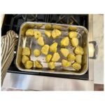 Ginnifer Goodwin Instagram - Dear @missjobaker, Here is my babbling recipe for #roastpotatoes. Slide 2. I prep my (often Yukon gold) #potatoes at least 24 hours before I want to cook them. I peel said potatoes and cut them into same-ish sized pieces. I do NOT parboil them. I generously salt the potatoes and STEAM them for as long as it takes me to drink a cup of tea, get sucked into a book, and go, “Oh no! The potatoes!” I bet this is a 15 minute experience? Then I take a skewer and rake that across a potato. Is there evidence of potato-ness on said skewer? If so, I move on to… Slide 3. Holding the lid firmly in place, I bang the potatoes about the steam basket. I then remove the lid and let the potato steam do it’s go-away thing. Slide 4. I line a baking sheet with a piece of parchment paper and spread the potatoes out so that they are not touching. I cover the whole thing in plastic wrap, because I haven’t found a better solution. I put the baking sheet in the freezer til whenever-in-the-future I need to roast potatoes. The freezer is the secret weapon. Slide 5. On another day when I’m hungry, I preheat the oven to 400F. I coat my roasting tin with a high-smoke-point oil — my fam prefers something animal-based — and I use only enough to make the whole bottom glassy and that’s IT. I stick the oily tin in the oven to warm up for 5-ish minutes. NOW I go get my potatoes out of the freezer. I put the tin on the stovetop, turn up the heat to medium (if the tin is stove-top safe) and dump the potatoes in the tin. I step back! They splatter! Can you see in the photo that I use such a small amount of oil that it’s ALMOST all soaked up by the potatoes? As quickly as possible, I flip them around with tongs in what oil is left. I pop the tin in the oven. I do not touch the potatoes again. Slide 1. I wish I could tell you how long I roast my potatoes. It could be 40 minutes? I just watch the color and I fiddle with the temperature so that they come out after everything else is ready to serve. They are effing crispy on the outside and effing fluffy on the inside. Lemme know if you give ‘em a try! P.S. I threw in a pic of my favorite platter, because… Digby.