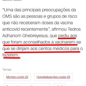Gustavo Santos Instagram - Para os que diziam, com o sangue cheio de experiência venenosa, que o bicho já era passado e que eu, e pessoas como eu, estávamos sempre a falar da mesma coisa, ora aí está:

SÓ VAI ACABAR QUANDO ELES DEIXAREM DE LUCRAR.

E este é um deles.

A OMS é uma organização criminosa, financiada, em primeira instância, pela fundação do Kill Gates.

Continuar a alimentar a propaganda de algo que, estando provado, não funciona (não imuniza a pessoa nem impede que ela seja um agente transmissor) e está, diretamente, ligado a efeitos secundários gravíssimos, sobretudo associados a doenças cardíacas e infertilidade, é só escandaloso.

Pelo dinheiro, está à vista, vale tudo; a morte de muitos e o sofrimento de muitos mais.

Acorda!

Não vás em mais doses. Não sigas estes conselhos. Nem fiques alarmado.

Esta gente não tem uma célula de jeito...

... mas tu vales muito!