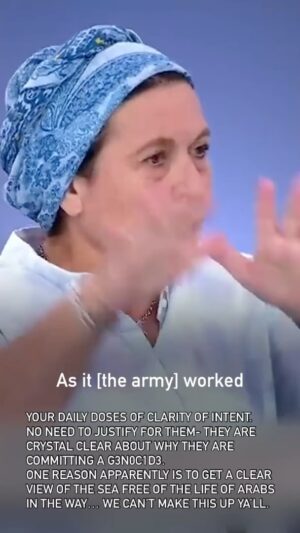Hāwane Rios Instagram - Your daily doses of clarity of intent. 
No need to justify for them- they are crystal clear about why they are committing a g3n0c1d3. 
one reason apparently is to get a clear view of the sea free of the life of arabs in the way… we can’t make this up ya’ll.

Repost @middleeasteye le

"Erase Gaza so that settlers can see the sea"

Daniella Weiss, the head of the Nahala settlement movement, spoke on Israel’s Channel 14 saying that the Israeli army should erase Gaza of its people so it can become a 'Jewish Gaza'. 

She described the process as 'romantic' and will result in allowing Israelis to see the sea from neighbouring settlements