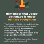 Hāwane Rios Instagram – amplifying from @letstalkpalestine 

“This is not a normal Christmas, and yet many Christians in the West continue to support Israel. Here are six things to remember as a genocide unfolds in the land where Christianity and Jesus were born, as the earliest Christian community in the world faces extermination.”

#palestine #freepalestine #israel #telaviv #bethlehem #jerusalem #nazareth #jesus #christian #bible #christianity #christmas #merrychristmas #arab #santa #islam #muslim #gaza #savegaza #gaza_under_attack #news #media #history #politics #activism #hannukah