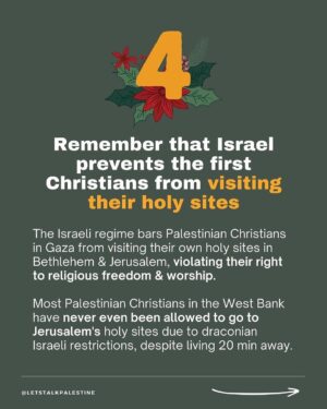 Hāwane Rios Instagram - amplifying from @letstalkpalestine 

“This is not a normal Christmas, and yet many Christians in the West continue to support Israel. Here are six things to remember as a genocide unfolds in the land where Christianity and Jesus were born, as the earliest Christian community in the world faces extermination.”

#palestine #freepalestine #israel #telaviv #bethlehem #jerusalem #nazareth #jesus #christian #bible #christianity #christmas #merrychristmas #arab #santa #islam #muslim #gaza #savegaza #gaza_under_attack #news #media #history #politics #activism #hannukah