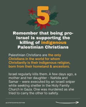 Hāwane Rios Instagram - amplifying from @letstalkpalestine 

“This is not a normal Christmas, and yet many Christians in the West continue to support Israel. Here are six things to remember as a genocide unfolds in the land where Christianity and Jesus were born, as the earliest Christian community in the world faces extermination.”

#palestine #freepalestine #israel #telaviv #bethlehem #jerusalem #nazareth #jesus #christian #bible #christianity #christmas #merrychristmas #arab #santa #islam #muslim #gaza #savegaza #gaza_under_attack #news #media #history #politics #activism #hannukah