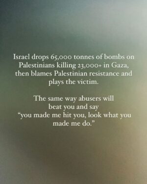 Hāwane Rios Instagram - amplifying from my sister @sofiasamarah 

‘The second I saw this statement by israel, I heard the words of every narcissistic, manipulative, abusive person I’ve ever had to deal with. 

We’ve heard this before, we’ve seen this before. We are not dumb. We know who the abuser is. 

Incase you forgot, 1 ton is equivalent to 2,204.5 pounds. 

Israel has dropped 143.3 million pounds worth of bombs on Gaza in 3 months. But sure, they’re the victims. Palestinian made them do it I’m sure.’

i’m still shadow banned but i’m going to still post. if you see this please share it. please amplify pages that posting about palestine.

#freepalestine