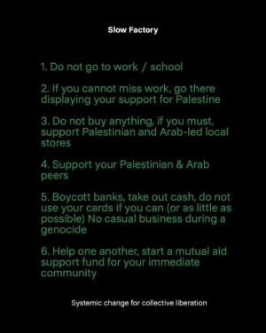 Hāwane Rios Instagram - amplifying from @theslowfactory 

‘The latest global strike for Palestine is underway after Bisan called for collective action to end the genocide in Gaza. We wanted to share some hot tips & words of encouragement as we all root ourselves in the sacredness of International Solidarity to demand an end to the violence and occupation. 

We understand that not every strategy is possible for everyone. Striking is afforded to all of us, it doesn’t have to mean one thing, but does invite you all to radically imagine how you and your community can collectively disrupt this harmful system so they pay attention. ❤️Make a plan of what you can commit to, it could be emailing your representatives, calling people in your community to have deep meaningful conversations with them about Free Palestine, disrupting your work by making a presentation making a point about a specific area of interest in regards to the Genocide. Remember, this genocide is a human rights issue, a womens rights issue, a war on children, a disability rights issue, a climate issue, there are various ways you can engage with your work and community and disrupting the comfort and business as usual in order to make a difference.

The point is: No business as usual during a genocide. 

Free Palestine.

Link in Bio to begin your Open Edu journey today’