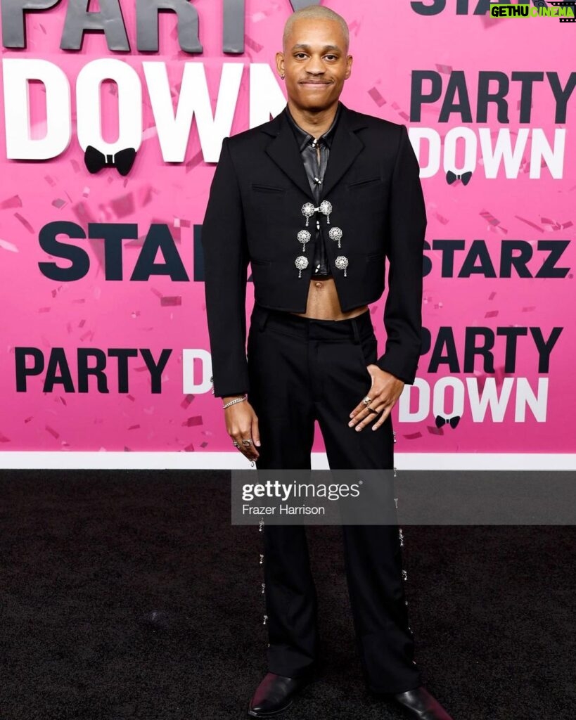 Haley Tju Instagram - Tj’s premiere look for season 3 of “Party Down” 💗🖤 Suit and top by @thepackbycampillo , shoes by @jb_rautureau , rings by @germankabirski and bracelet by @shoparmature Styled by @haleytju Los Angeles, California