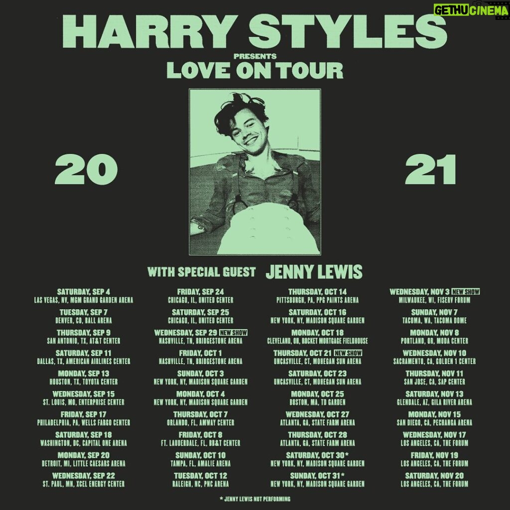Harry Styles Instagram - LOVE ON TOUR will be going out across the USA this September and I could not be more excited for these shows. As always, the well-being of my fans, band, and crew, is my top priority. Safety guidelines will be available on the respective venue websites to ensure we can all be together as safely as possible. Please notice that some dates have changed, and new shows have been added. To everyone in the UK, and across the world, I can’t wait to see you again, but for obvious reasons it is just not possible at this time. I will be sharing more news soon about shows across the globe, and new music. I love you all so much. I’m very excited, and I can’t wait to see you. H
