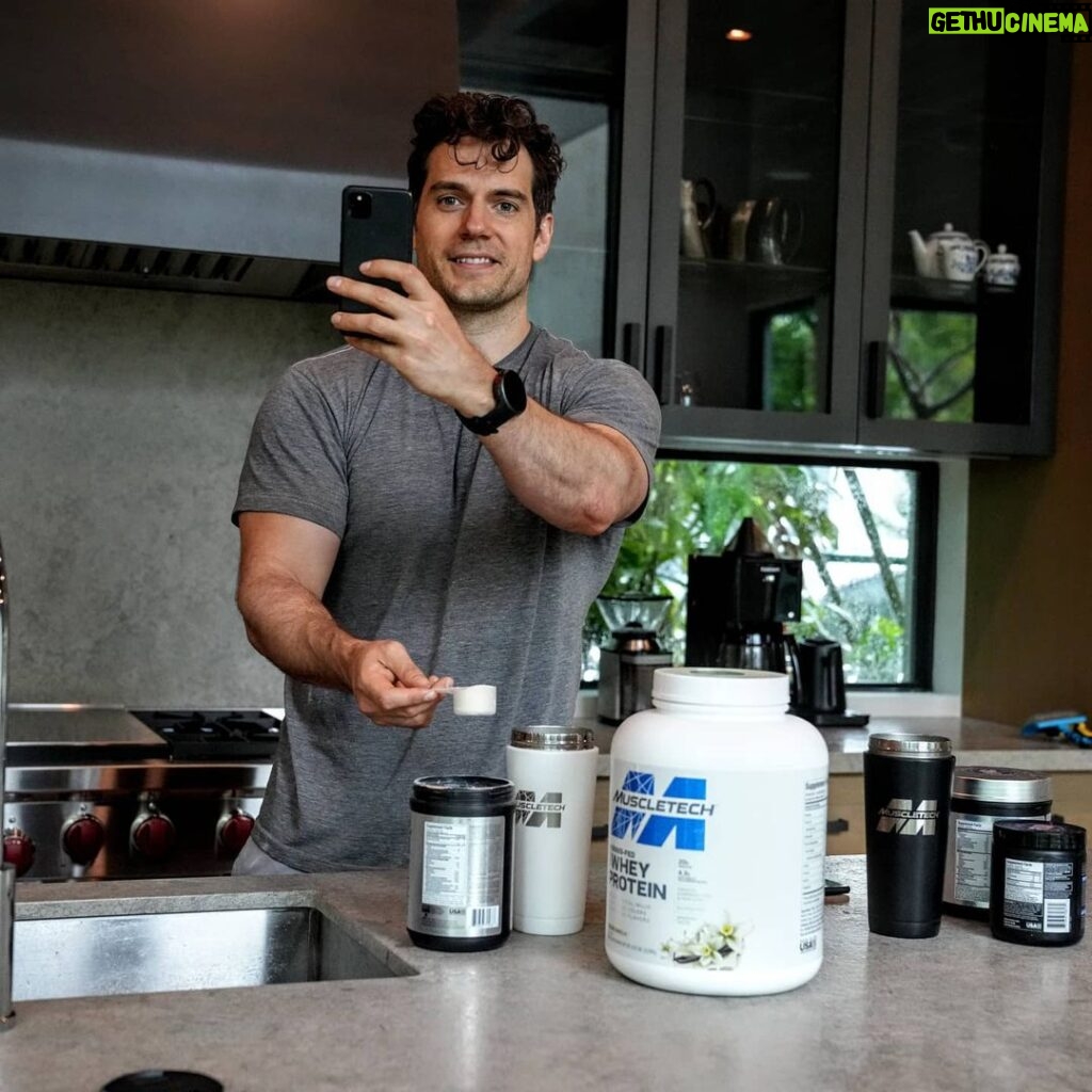 Henry Cavill Instagram - 10 points for anyone that can figure how I took this photo, and a further 10 bonus points for anyone that can figure out how I could possibly be putting all of these supplements into just two shakers..... @MuscleTech