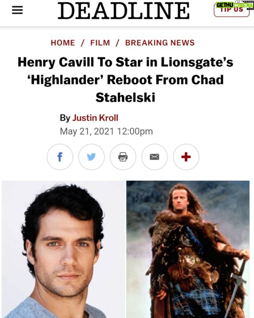 Henry Cavill Instagram - Very exciting news today! I've been a fan of Highlander since I was lad. From the movies in all of their 80s, Queen slathered glory to the TV show with an actor who looked remarkably like one of my brothers. Being not shy with swords, and having a director as talented as Chad Stahelski at the helm, this is an opportunity like no other. Deep diving into franchise storytelling with all the tools at our disposal, is going to make this an adventure I (and hopefully all of you) shall never forget. And as you can see from the swipe, I've lately been dipping into some of my Scottish heritage, and inadvertently getting my base line research underway! #Highlander