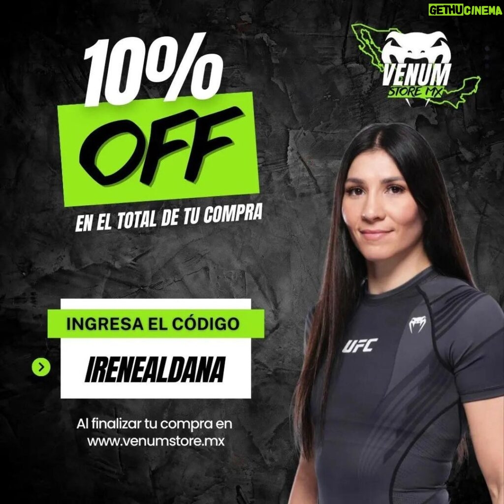 Irene Aldana Instagram - 💚🐍‼️ #Repost @venumstoremx ・・・ ¡Aprovecha lo mejor de Venum con el 10% de descuento en nuestra tienda online! 🔥 🔸️Guantes de boxeo y MMA 🔹️Espinilleras 🔸️Bolsas deportivas 🔹️Shorts de Muay thai y MMA 🔸️Ropa deportiva y casual 🔹️Accesorios 👉 Utiliza el código IRENEALDANA al finalizar tu compra en venumstore.mx 🏷 Enviamos a todo México 🇲🇽 #ufc #mma #venum #venummx #mexico #irenealdana #teamirene #sponsored #sale