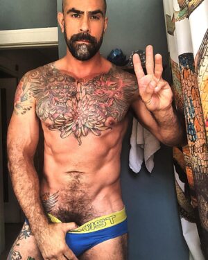 Israel Zamora Instagram - Three looks for the photoshoot last night and 5 hours of sleep. Let’s get this day going! #bathroomselfie  #instagay #underwear #beard #tattoo #muscle #daddy #scuffygay #homo #gaymuscles