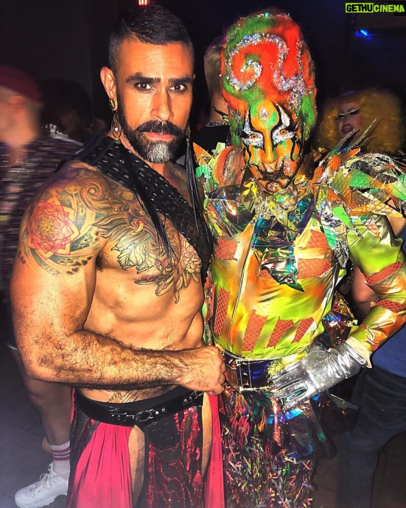 Israel Zamora Instagram - Finall #queenkong @glenalen and I at the anniversary and closing party #fashion #art #queerart #queerartist #beautifulpeople #legendary #losangeles @precinctdtla #beautifulmen #beard #muscle #tattoo #gay #queer #culture crocodile harness and skirt created by the very talented @iamjeshebeab