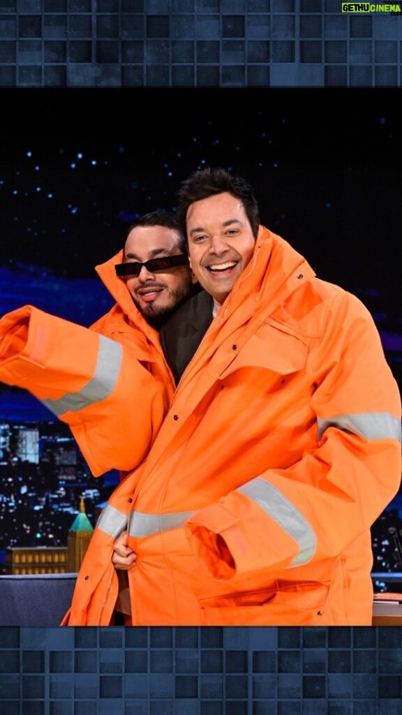 J Balvin Instagram - @jbalvin & Jimmy try on the massive VETEMENTS suit he wore during the @f1 Grand Prix 😭 #FallonTonight The Tonight Show Starring Jimmy Fallon