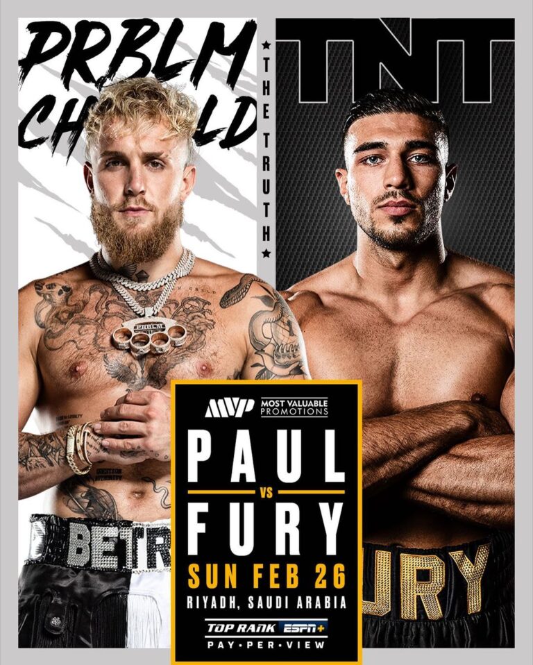 Jake Paul Instagram - After multiple failed attempts to get Tommy Fury in the ring, the moment of truth has finally arrived. Fumbles has no excuses now. Baby is born. Money is massive. Immigration is not an issue. Sunday February 26, Paul vs Fury is live on ESPN+ PPV in the US and BT Sport Box Office in the UK. Tyson Fury has promised he and Papa John will make Tommy retire from boxing and change his last name forever if he can’t beat the YouTuber. Saturday (tomorrow) I’m coming to London to look at all three Fury’s in the eye and shake on that promise. Alhamdulillah! @mostvaluablepromotions #PaulFury Riyadh, Saudi Arabia