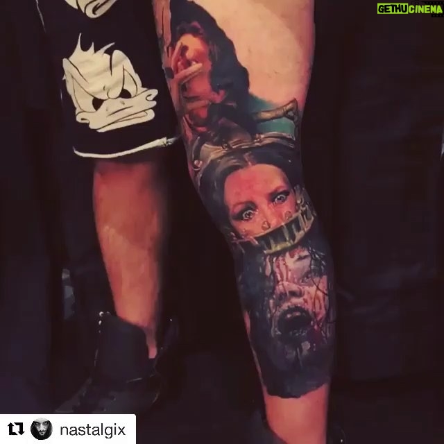 Jane Levy Instagram - ๐๐ผthe commitment! My face on calf #evildead #necronomicon #666 #art #shred #gnar #fear