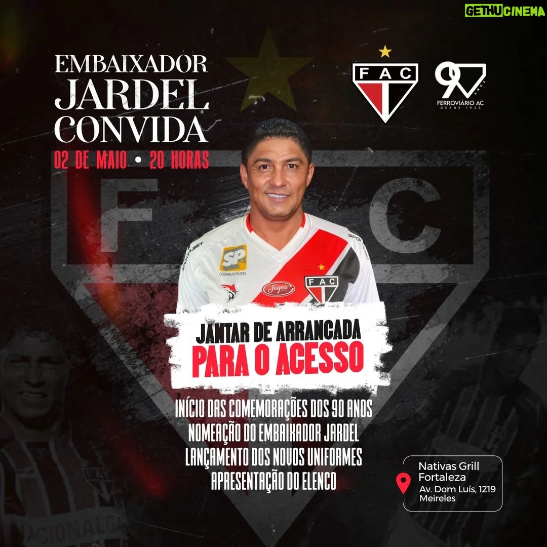 Jardel Instagram - O Ferroviário completará 90 anos de fundação no próximo dia 9 de maio e, para marcar essa data tão importante, o clube preparou uma série de comemorações, que serão iniciadas na noite do próximo dia 2, terça-feira, com um jantar por adesão. O evento contará com a presença ilustre do maior jogador cearense da história, Mário Jardel, que será nomeado Embaixador do Ferrão. Na oportunidade, também serão lançados os novos uniformes do Ferroviário, especiais para os 90 anos do clube, com vendas no local. Além disso, haverá a apresentação de todo o elenco que iniciará, no final de semana seguinte, a arrancada em busca do acesso à Série C. 🇾🇪 JANTAR DE ARRANCADA 🗓️ Terça, 02/05, de 20h às 23h 📌 Local: Nativas Grill Fortaleza 📍 Endereço: Av. Dom Luis, 1219 Jantar completo, com bebidas não-alcóolicas inclusas. Entrada mediante ingresso. Não haverá vendas no local, somente antecipado pelo site Sympla. Espaço com quantidade limitada. Seja rápido e compre o seu. Link na bio! 🎟 Preços: Sócio R$ 99,00 Não-Sócio: R$ 149,00 Para além do jantar no dia 2, a programação de 90 anos conta com mais três datas de festividades. Acesse ferroviario.com.br e confira! #Ferrão90Anos #RaizÉSerFerroviário