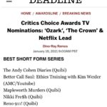 Jared Goldstein Instagram - we got nominated for a @criticschoice award lol