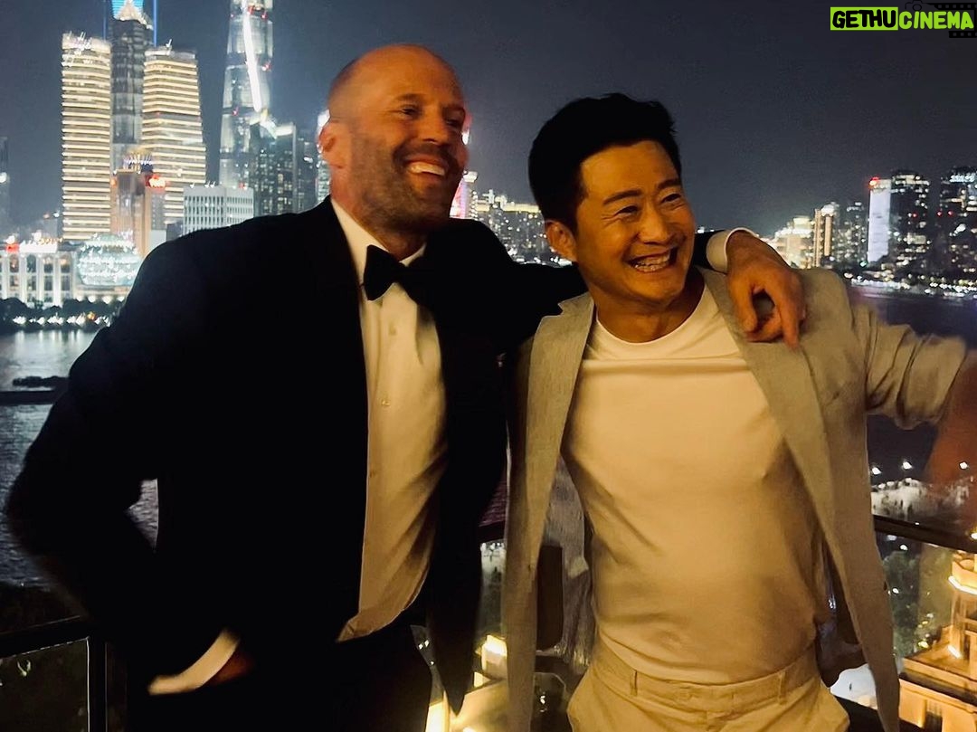 Jason Statham Instagram - Wu Jing! Actor, Producer, Director! The most humble yet the most brilliant there is. Grateful to share screen time with the incredible superstar of Chinese cinema! Also happy to share some dumplings and white spirit. π #Meg2