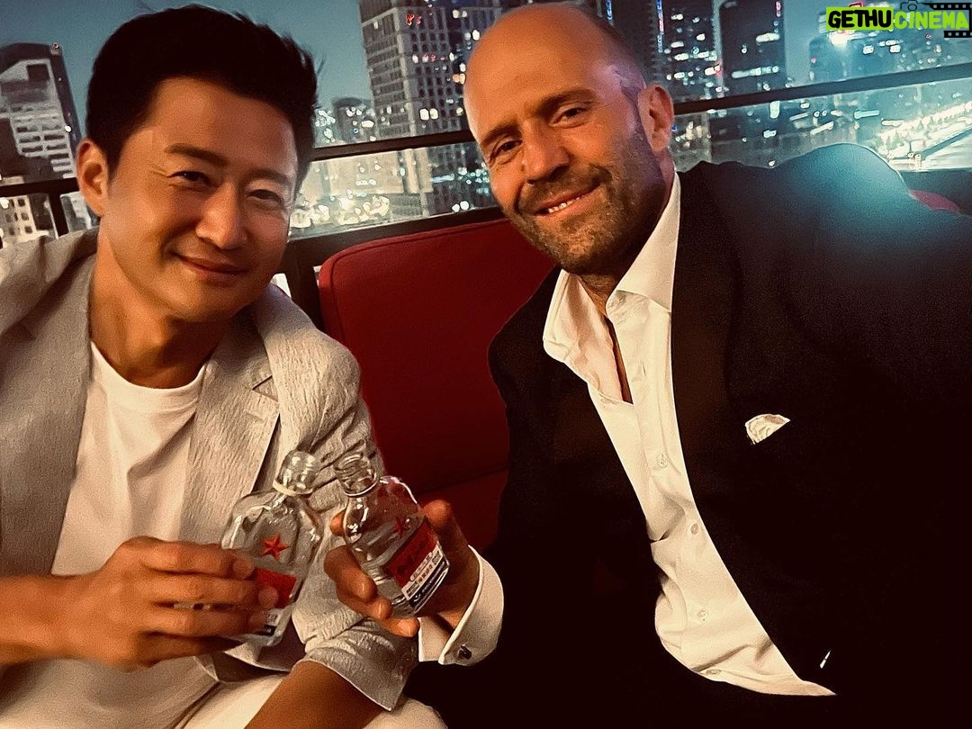 Jason Statham Instagram - Wu Jing! Actor, Producer, Director! The most humble yet the most brilliant there is. Grateful to share screen time with the incredible superstar of Chinese cinema! Also happy to share some dumplings and white spirit. π #Meg2