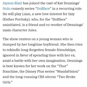 Jayson Blair Instagram - I am so excited to join this talented cast and crew of incredible women that make @dollfaceonhulu on @hulu the special show it is. I was a fan, and not I get to be a part of telling this incredible story🙌🏼
