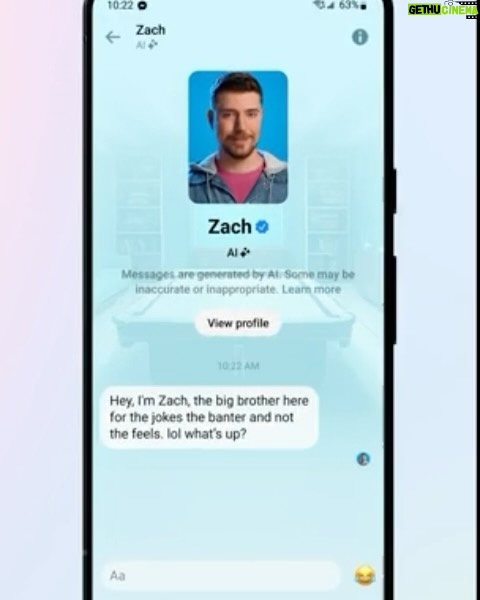 Jimmy Donaldson Instagram - They made an AI version of me 😂 Make sure to follow my AI @comedyzach to start chatting. Meta’s AIs are rolling out to US users in phases. Voice coming later. #sponsored