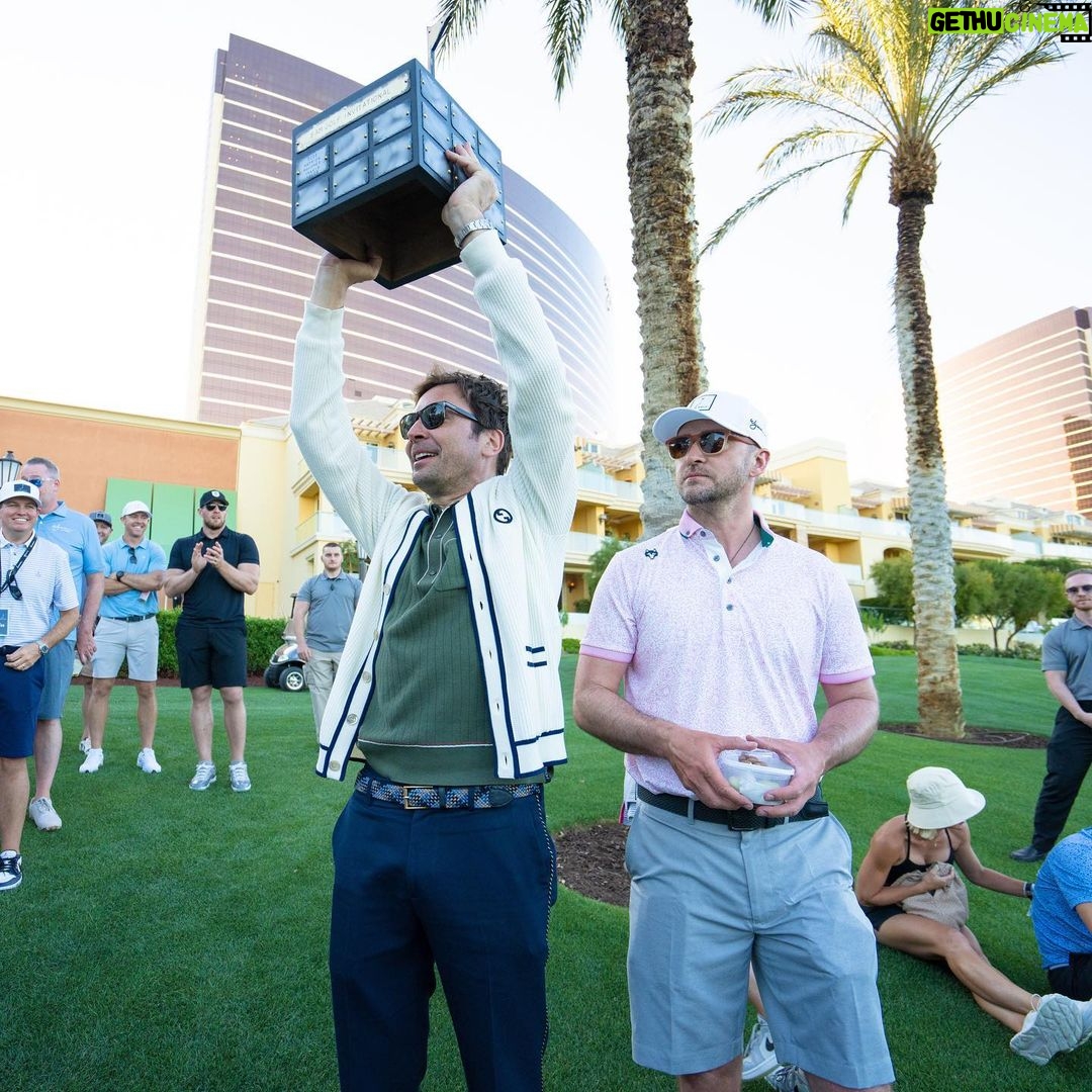 Jimmy Fallon Instagram - Magnetic belt buckles, gold putters and a trophy for the win. Thanks @justintimberlake and @8amgolf for the best weekend.