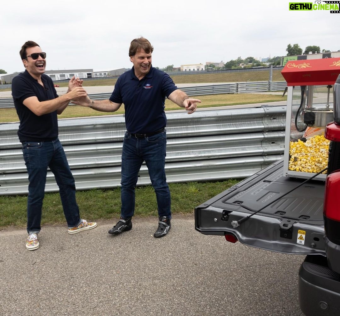 Jimmy Fallon Instagram - I was talking to @jfarle98, the CEO of @ford since we do so much with them on the show (and I am a proud owner of an F150). He said, “If you ever come to Detroit, I promise you it will be a good time”. Well, he did not disappoint. The Mustang, the racetrack (150 mph?!), the Lightning and, one of my favorite parts, meeting the rest of the Ford family at the Rouge Electric Vehicle Center (REV-C!!). Seeing how much you care about your employees and how much they care about you made it a day I’ll never forget. I’m comin’ back! Can’t wait. Thank you. So proud to be a #fordpartner!