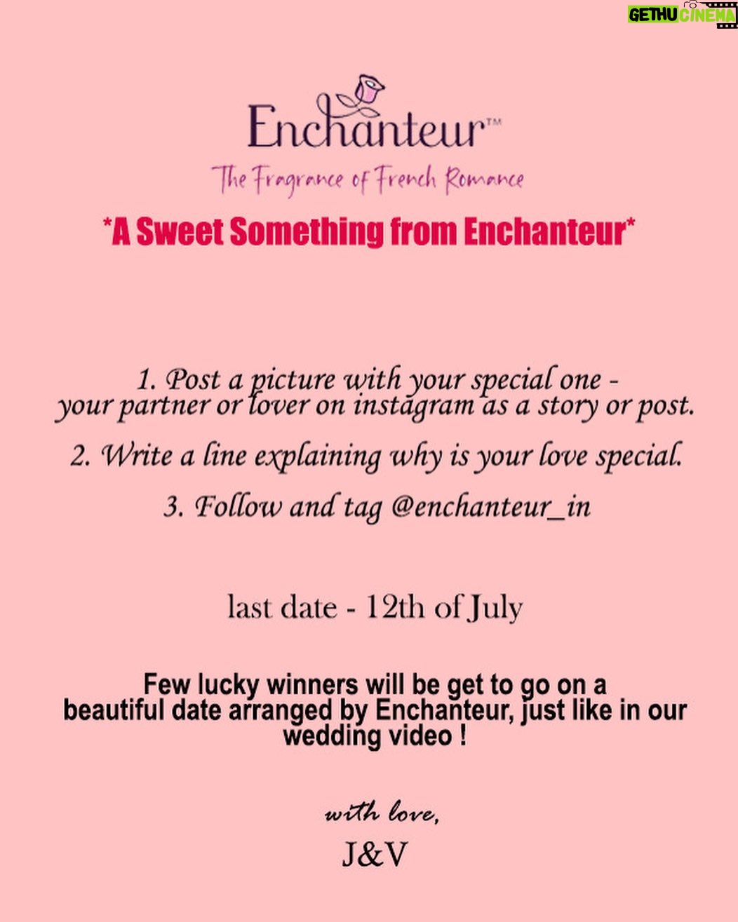 Jisma Jiji Instagram - @enchanteur_in is magic and romance personified, and a surprise awaits all our fans. Swipe right to know what you got to do ! Thanks again for the endless love for us from all of you 😊❤️ Last Date : 12th,July, to be part of this special something ! #celebratelove #fragranceoflove #enchanteur #love #romance #jismavimal