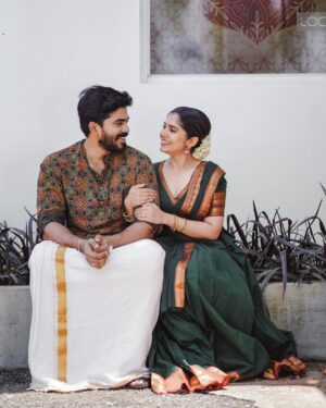 Jisma Jiji Instagram - In between an action and a cut, we found Love. Life came afterwards, when we learned to stick to it. 
📸: @lightsoncreations  Styled by: @stylewithandriya  Jisma’s Outfit: @acornfashionlines 
Vimals Outfit: @byhand.in
MUA: @gopzmeow