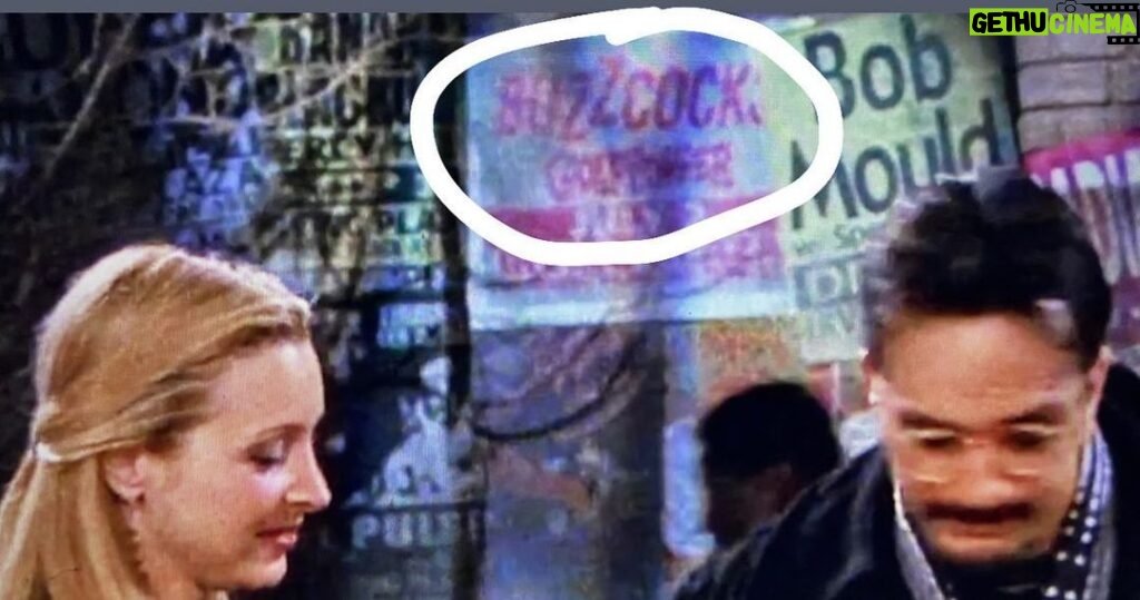 John Feldmann Instagram - One of the best things about playing shows in the 90s was getting a tour poster put on the set of Friends! Not only were the Buzzcocks my favorite band growing up and we were on tour with them at the time but the poster made it in season 7 episode 11 “the one with all the cheesecakes“. I just watched this with @millafeldmann and she was so annoyed with me yelling ‘that’s my band’ over and over. Ha. @goldfingermusic @lisakudrow @hankazaria @irvingplaza @friends