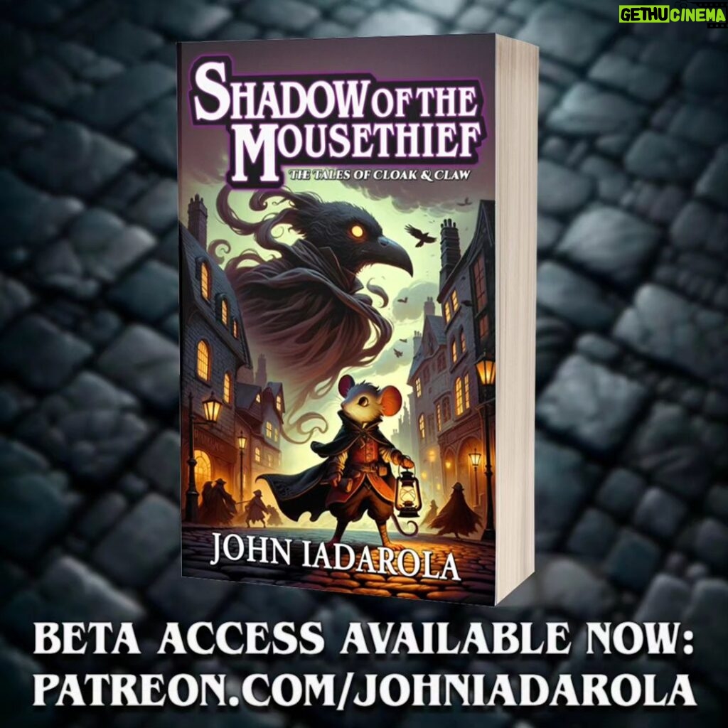 John Iadarola Instagram - Every month my Patrons get access to original fantasy, sci-fi, and post apocalyptic fiction I write. This month I have something special in store for the holidays: every patron gets access to a beta reader version of my draft novel Shadow of the Mousethief, the first of my Redwall-esque Tales of Cloak & Claw.  I'm hoping your feedback will help me tweak the final draft so that it can be in the best shape for submission for publication. Here's the basic concept:  The Avian Imperator’s elite Talons have come to Ravenfall, a gaslamp city of back-alley cutpurses and forbidden magic.  Young mousethief Ren has always dreamed of joining the Talon’s ranks, but despite his quick paws and growing skill, he has two strikes against him. First, he and his younger sister Emi are orphan strays - outcasts among outcasts. Far worse, he’s being pursued by a brutish weasel to join the Bitterbridge Blades, a gang with a dark reputation. Accepting her offer could cost him his dream, but turning her down could cost him his life. At the behest of the gang, he burglarizes the tower of a mysterious crow, and ends up possessed by a living shadow that hungers to gain control over his body. On the run from the Blades, the crow’s army of zealots, and a gruesome abomination wrought from dark magic, Ren must learn to wield the powers of the shadow if he’s to have any hope of survival. All the while, he is caught between two dear friends. Luban, a scheming opossum, wants to use the shadow to become kings of Ravenfall’s underworld. The implacable pangolin Farah, previously the prisoner of the crow, desires vengeance above all else. Ren must choose a path, and fast, because the crow will stop at nothing to recover the shadow. In addition to Shadow of the Mousethief, a number of other stories as well as behind the scenes videos, podcasts, and dramatic readings await you, so become a patron today at www dot patreon dot com slash johniadarola #ShadowOfTheMousethief #TalesofCloak&Claw #Redwall #JohnIadarola